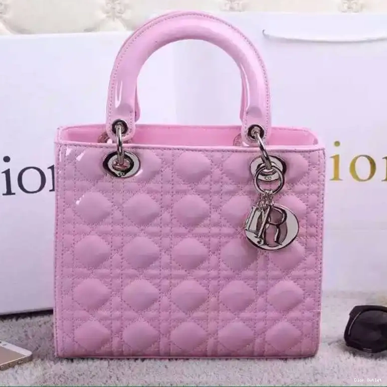 Dior Calfskin Pink Patent Lady Medium Cannage Bag Silver 0506